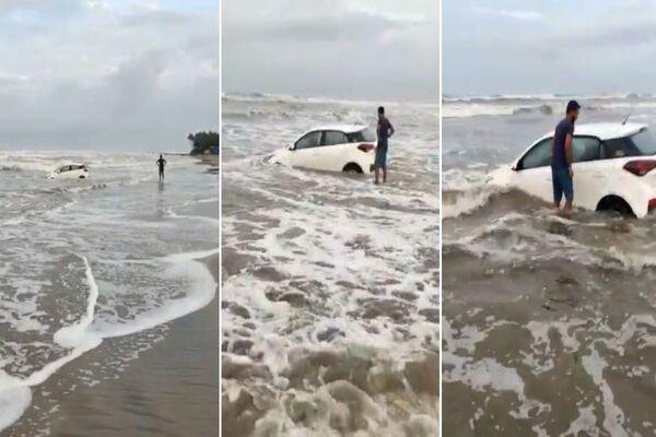Lái Hyundai i20 đi dạo biển bất ngờ bị thủy triều "nuốt" mất xe